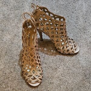 Tan Block Heel Sandals with Intricate Cutouts